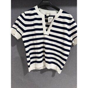 Club Monaco Navy & White Striped Short Sleeve Sweater Large